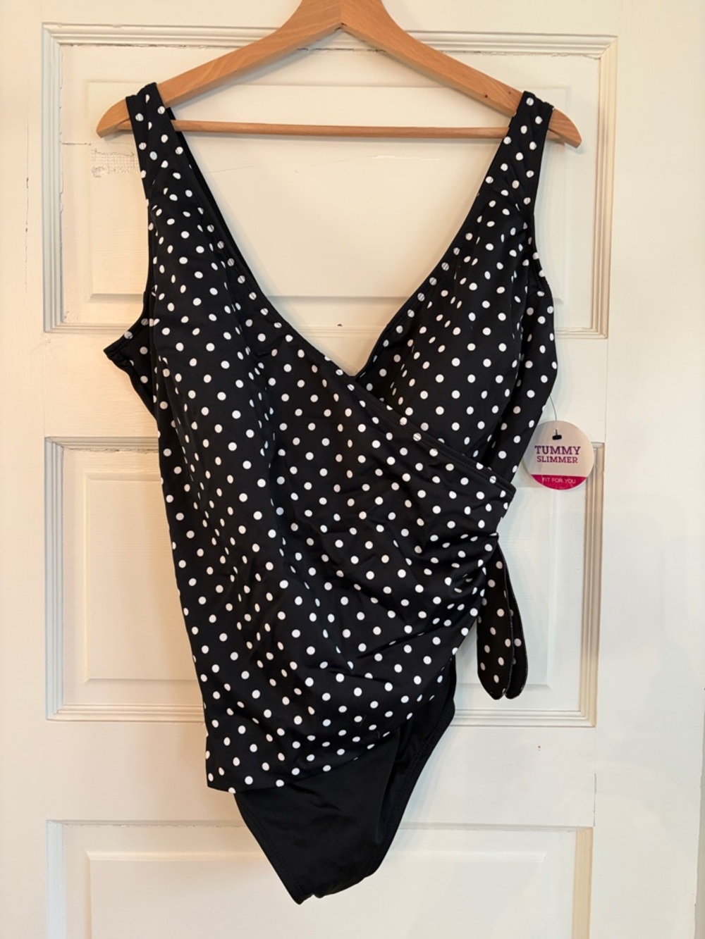 NWT Black & White Polka Dot One-Piece Tummy Control Wrap Front Swimsuit